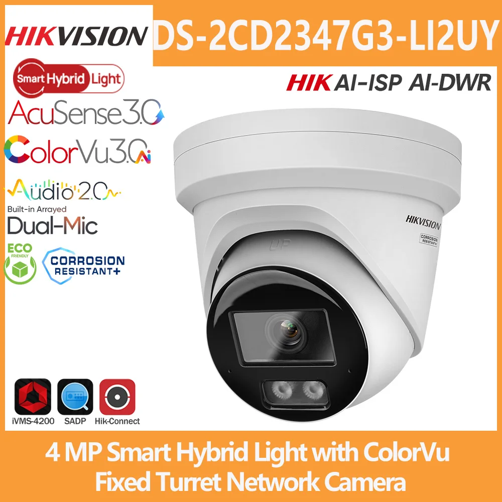 Hikvision 4MP IP Camera DS-2CD2347G3-LI2UY Smart Hybrid Light ColorVu Dual Mic 4K Turret Network Camera 24/7 Colorful Surveillan
