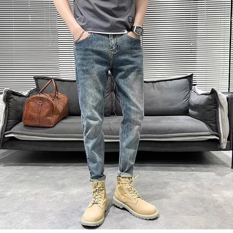 Mens Stretch Slim Fit Casual Jeans 2023 New Spring Summer Men's Vintage Blue Solid Color Classic Denim Pants Brand Male Trousers