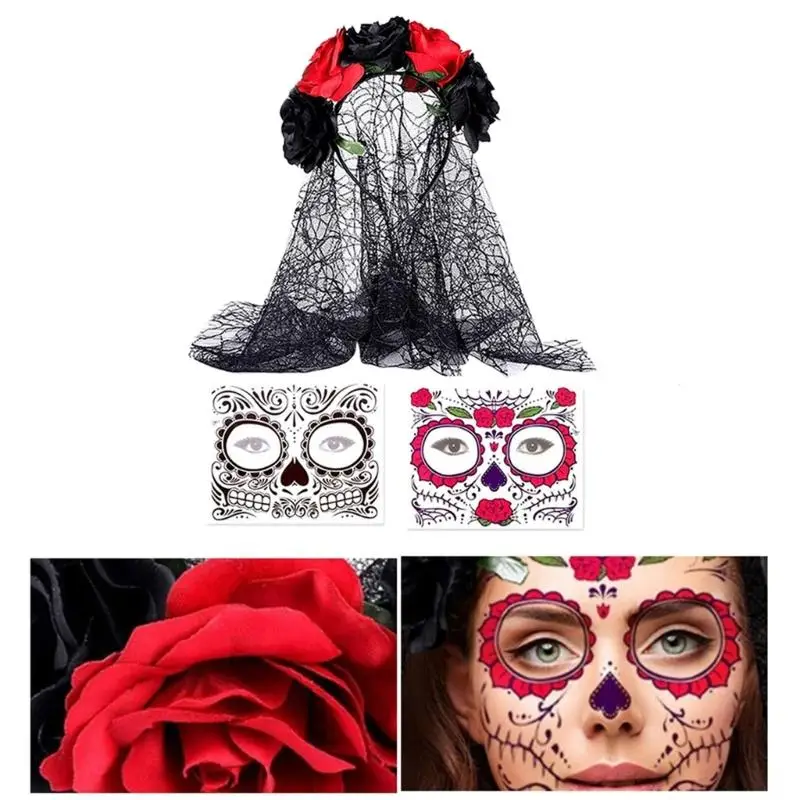 652F Halloween Dag Doden Kostuums Bloem Hoofdbanden Sluier Gezicht Getatoeëerde Stickers Dias los Muerto Vrouwen