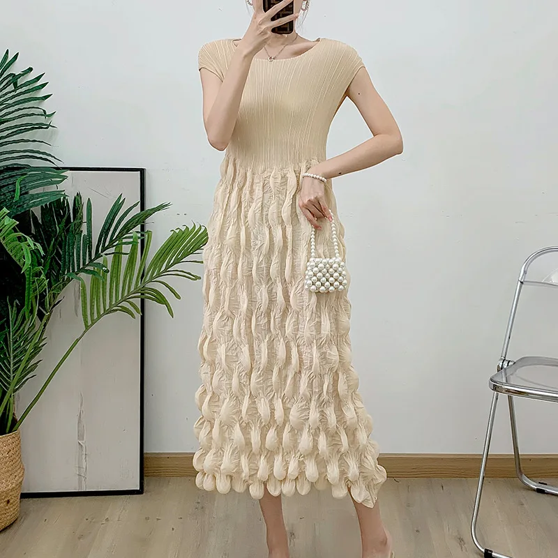 

Pleats Pleated2024 Dress Women Handmade Bubble Pleats Wrap Sleeve Waist Slimming Pleated Mid-length Dress Peacock Blue Clothing