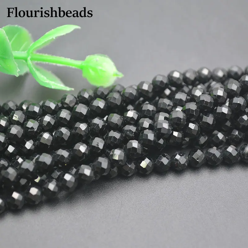 4mm Shiny Diamond Cutting Faceted Natural Black Tourmaline Gemstone Round Loose Beads 5strands/lot