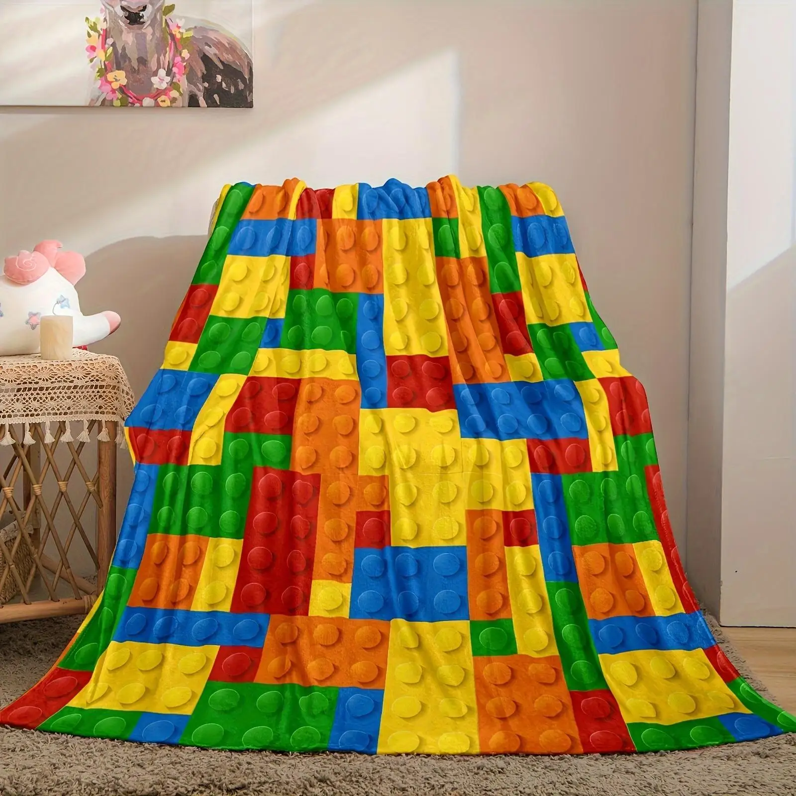 

Building Block Pattern Knitted Flannel Blanket, Suitable for Camping and Travel, Valentine's Day Gifts, Home Decor