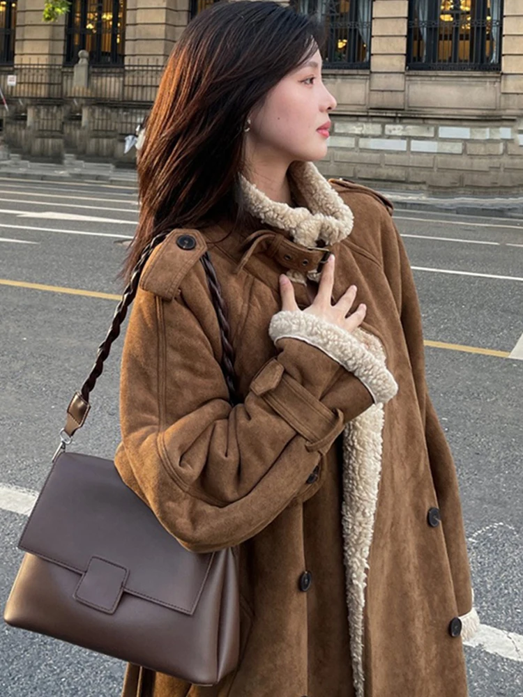 Abrigo de Lana ueso para Mujer, Chaqueta de Piel de Cordero, Terciopelo de Piel de Ciervo, Abrigo Largo de Otoño Invierno, ...