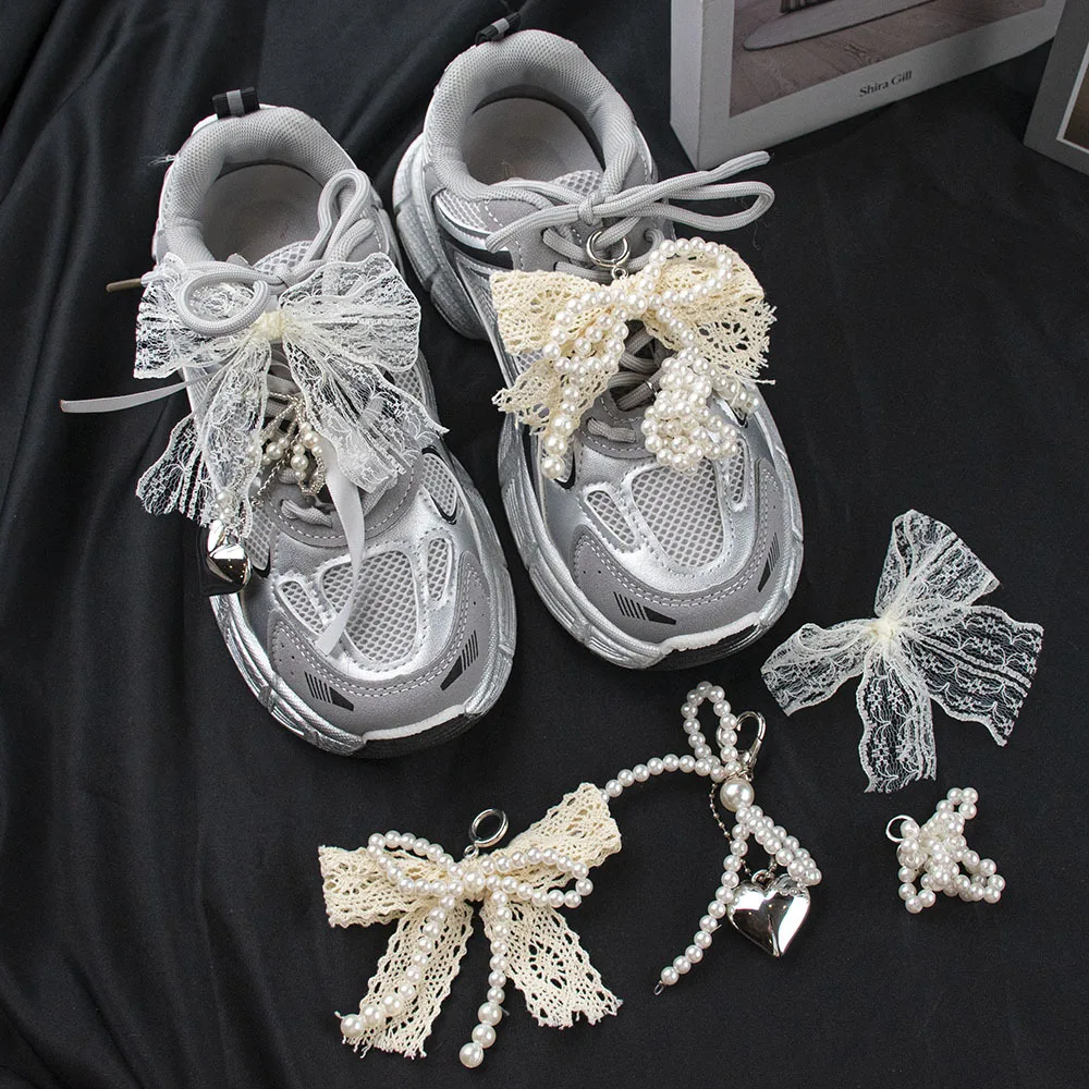 DIY Pearl Lace Bowknot Shoe Buckle Decoration Eychain Phone Chain Bag Pendant Chiffon Bow Shoelaces Clips Sneakers Accessories