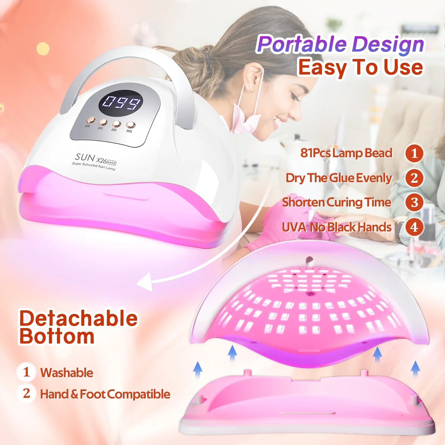 Lámpara LED UV de gran potencia de 380W para manicura, máquina secadora de Gel 81LEDS con pantalla táctil LCD grande, secador de uñas inteligente profesional