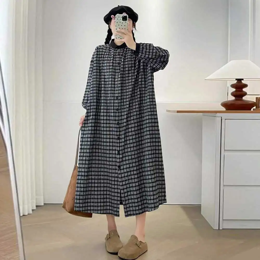 Abito camicia monopetto in cotone scozzese vintage giapponese Mori Girl Abito longuette casual a maniche lunghe con colletto alla coreana autunnale da donna