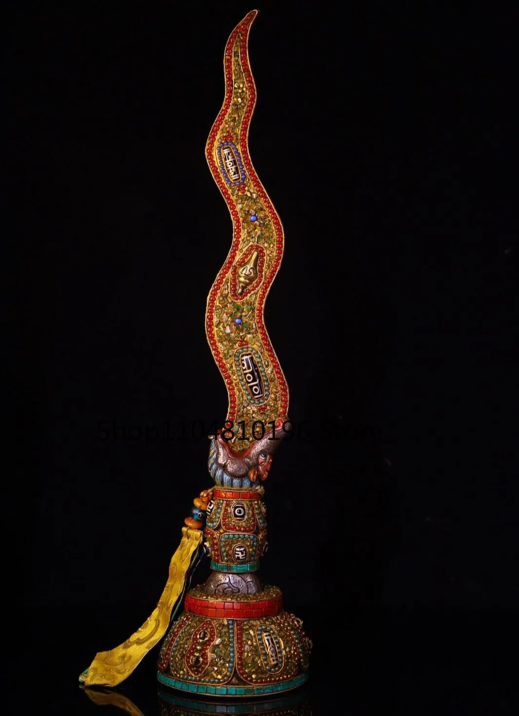Old Tibet Iron Gilt Skull Head  Trident Exorcism Holder Faqi Statue TQA