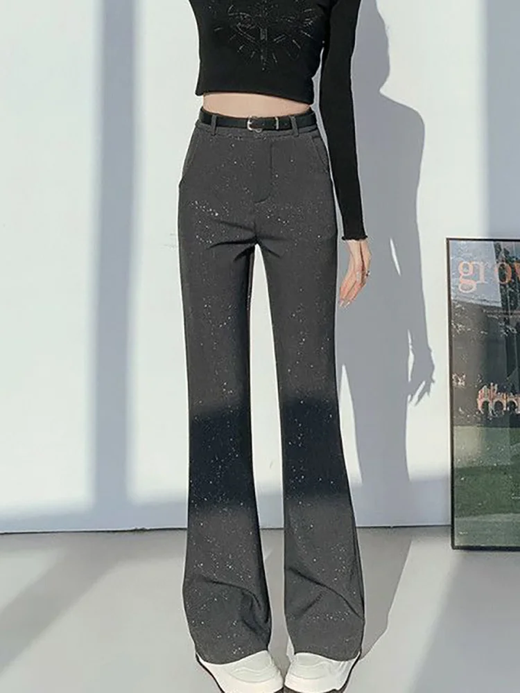 グリッターハイウエストスーツパンツ レディース カジュアル ワイドレッグ ブーツカットパンツ 韓国ファッション ストレートボタンパンツ カルカス