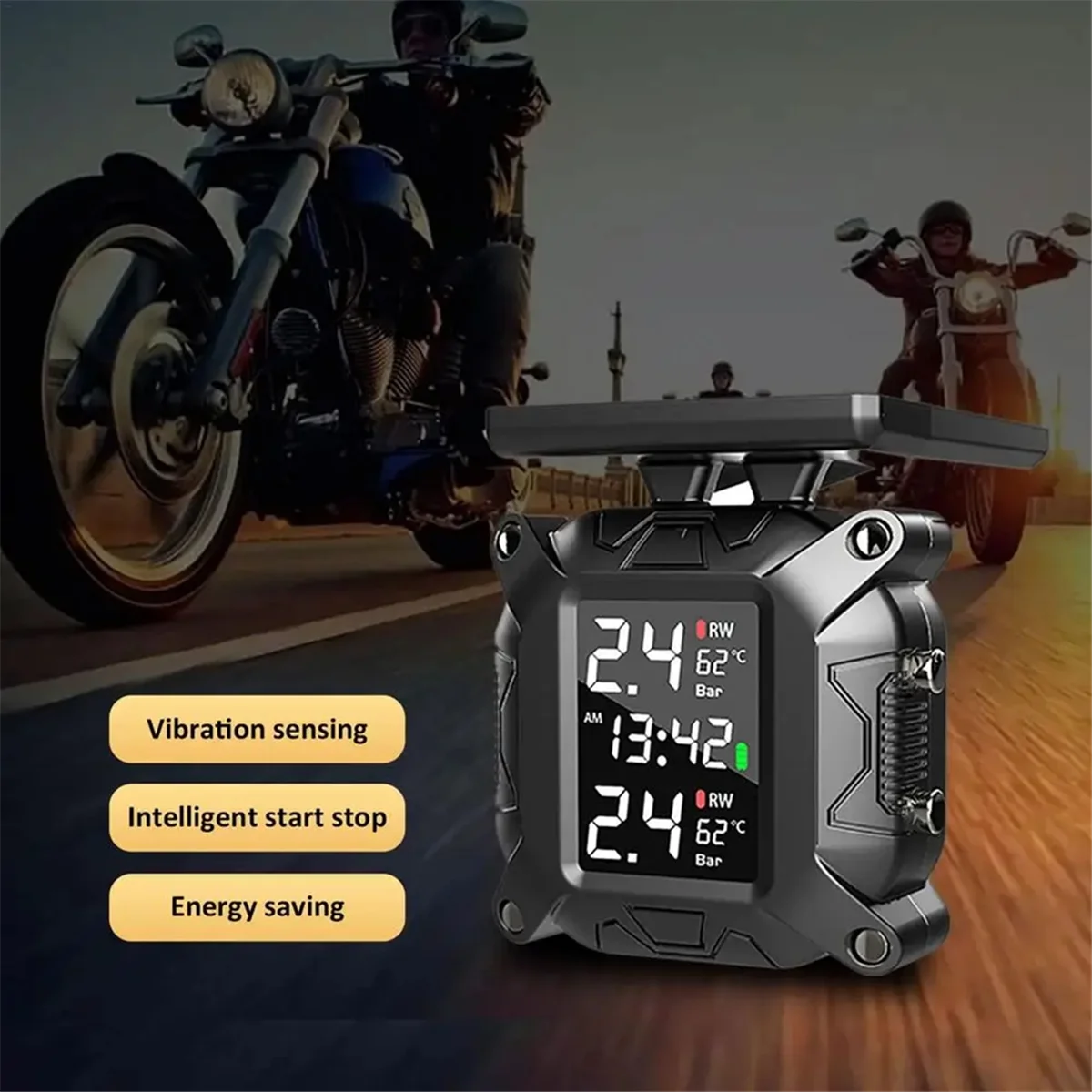 Motorcycle TPMS Solar Power Tire Pressure Monitor Real Time Tire Pressure Monitoring System Temperature Sensor