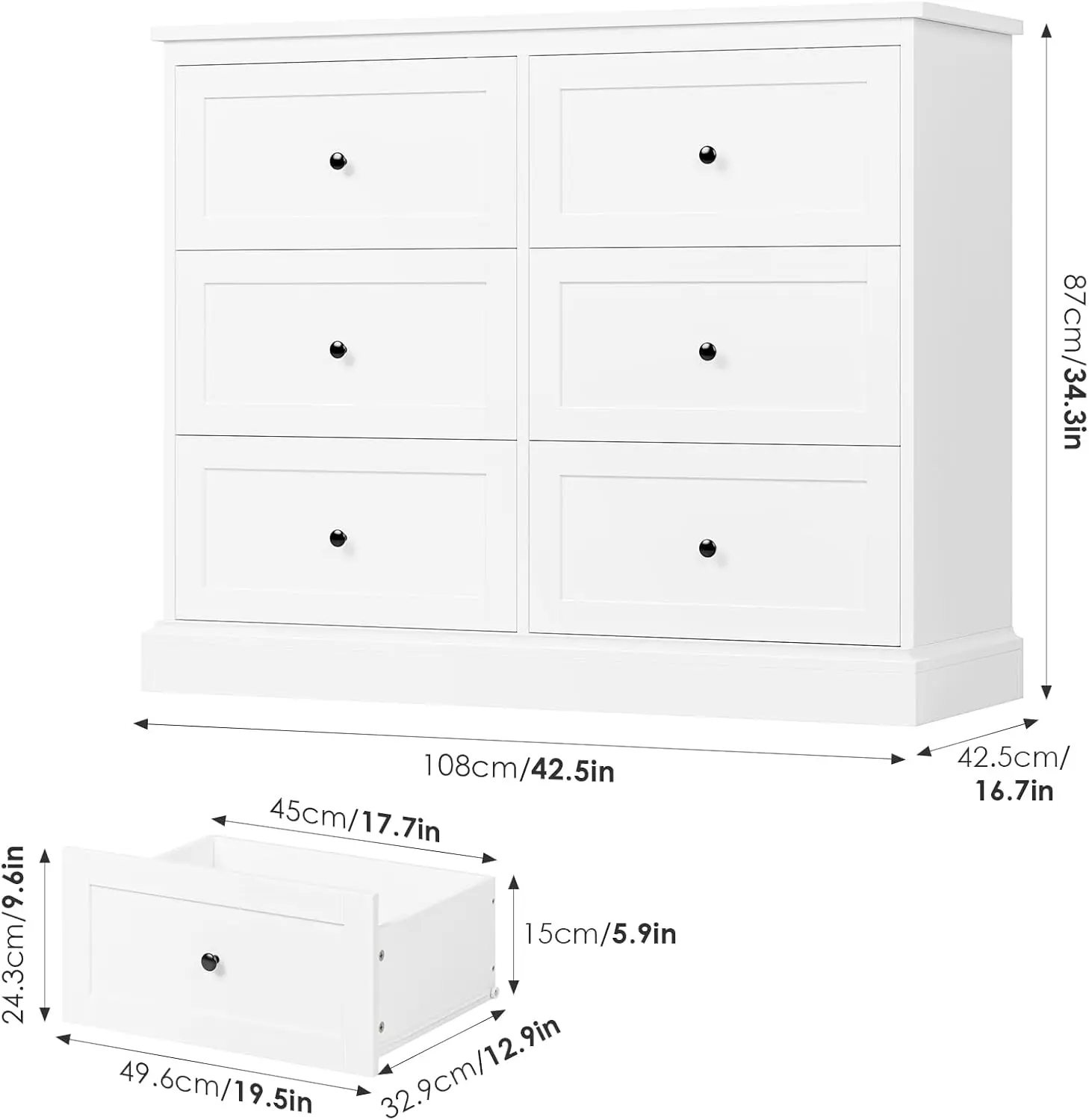 White Dresser, 6 Drawer Dresser White, Modern Double Chest with Deep Drawers, Wide Storage Organizer Cabinet for Living Room Hom