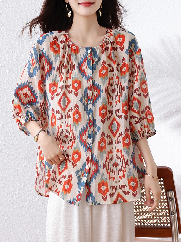 Ele الأزهار طباعة الشيفون irt المرأة الصيف جديد فضفاض Sle رقيقة Faionable أعلى خمر تخفيف Sle جولة Ne Seven... #1