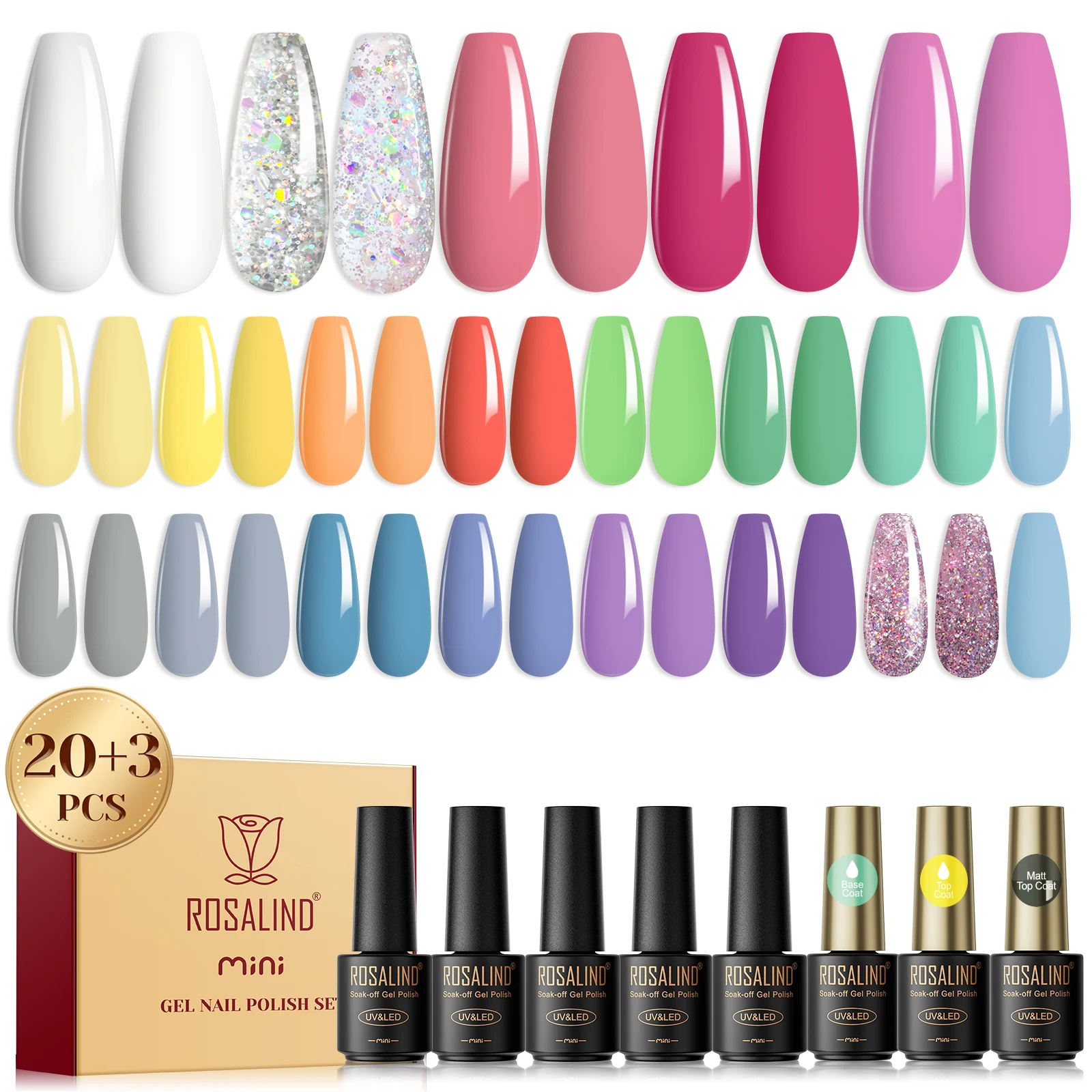 Rosalind 23PCS gel nail polish set nail primer gloss & matte top and bottom coating UV nail glue LED nail lamp nail art