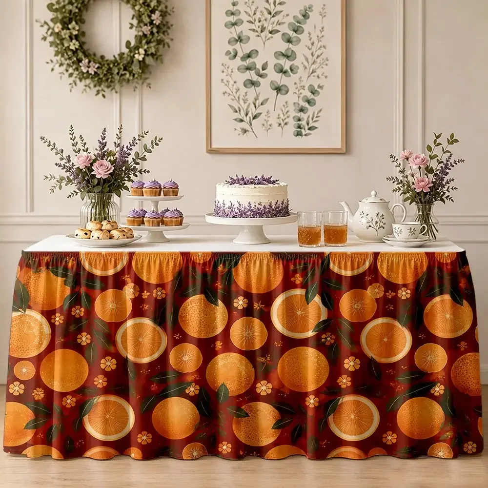 Table skirt / tableskirt - 1-piece party table skirt decoration with orange slices and leaf pattern print
