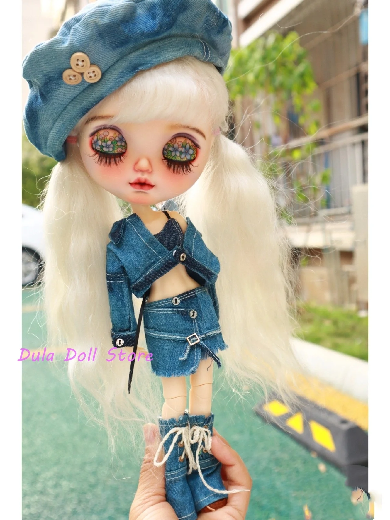 Dula Doll Clothes skirt Sand washed old denim shirt with hat Blythe Qbaby ob24 ob22  Bjd Doll