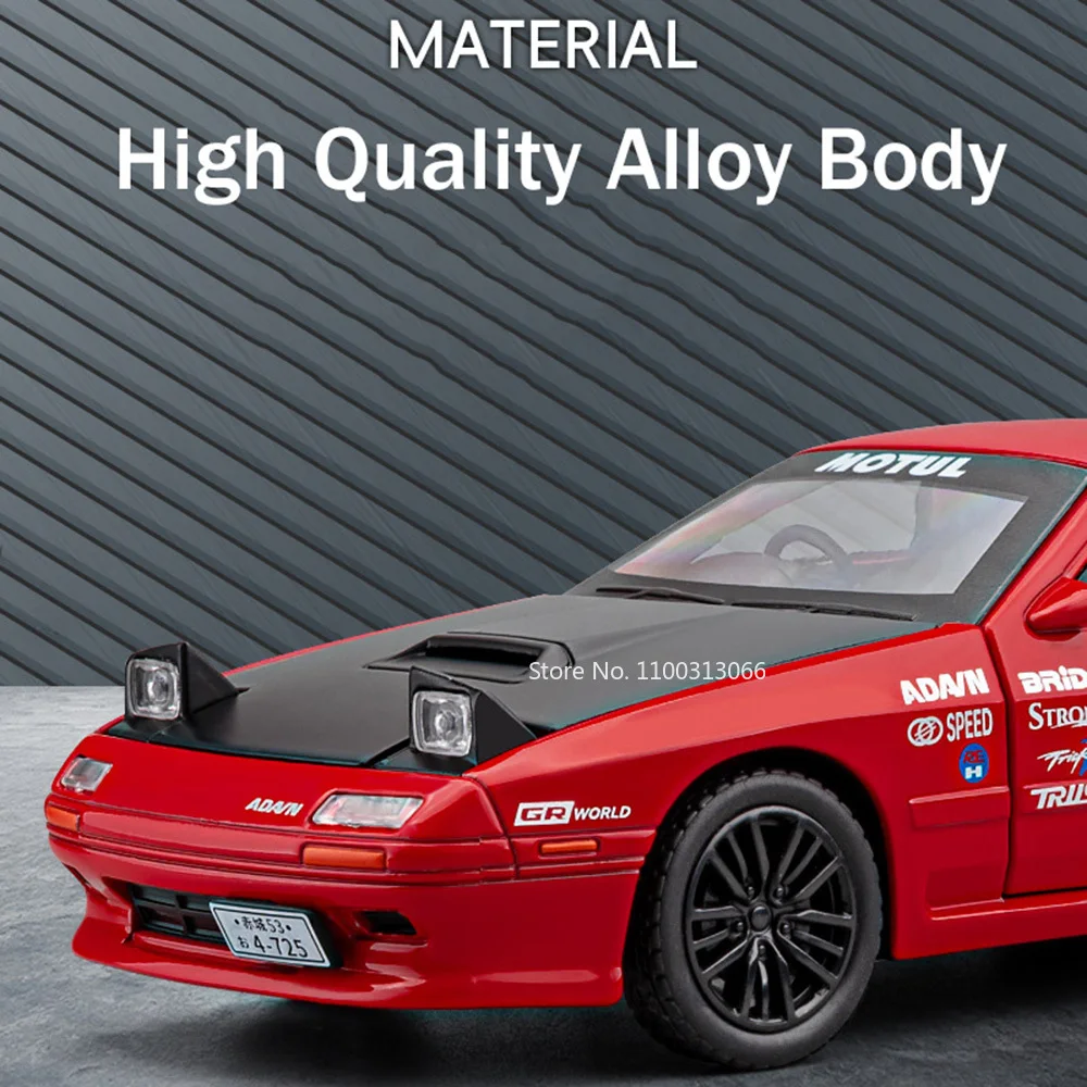 1:32 Alloy Mazda RX7 Cars Models Toys with Light Music Vehicle Rubber Tires Wheel Steering Miniature Supercar Toddler Kids Gifts