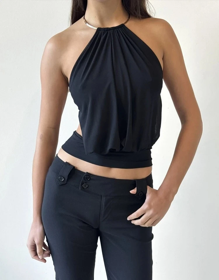 

Metal Ring Halter Camisole Women Y2K Sexy Backless Bandage Ruched Patchwork Skinny Hottie Midnight Clubwear Wild Vest