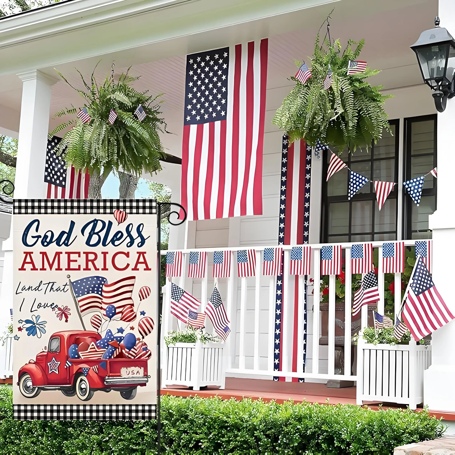 Bandera del jardín de flores del Día de la Independencia, bono patriótico, día conmemorativo azul, bandera de patio decorada al aire libre para vacaciones