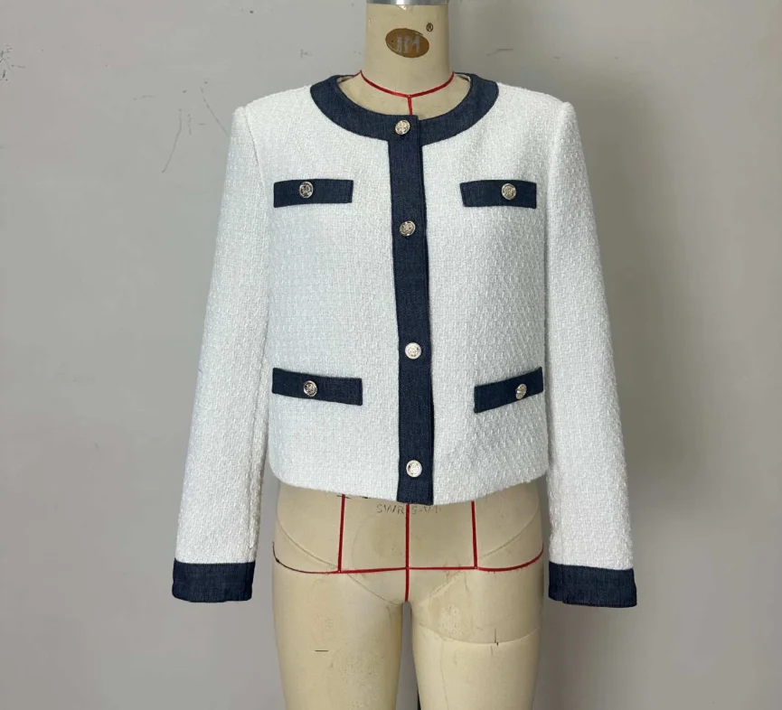 

2026 Elegant New Fashion Casual Coat Color Blocked Edge Round Neck Short Long Sleeved Versatile Jacket