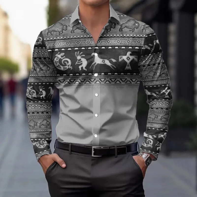 

New Tribal Ethnic Lapel Men's Casual Sports Outdoor Street Long-sleeved Button-up Shirt