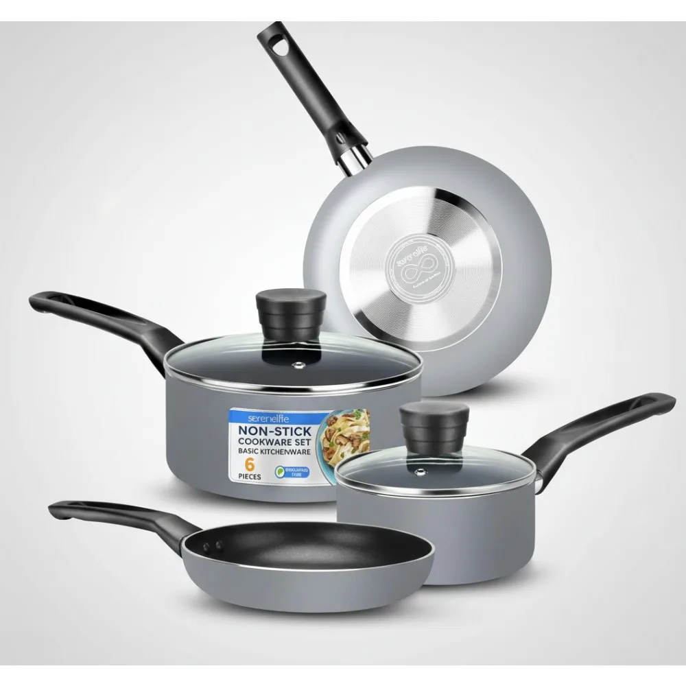 

Набор посуды с антипригарным покрытием из 6 предметов, термостойкими ручками и стеклянными крышками — идеально подходит для домашних повара