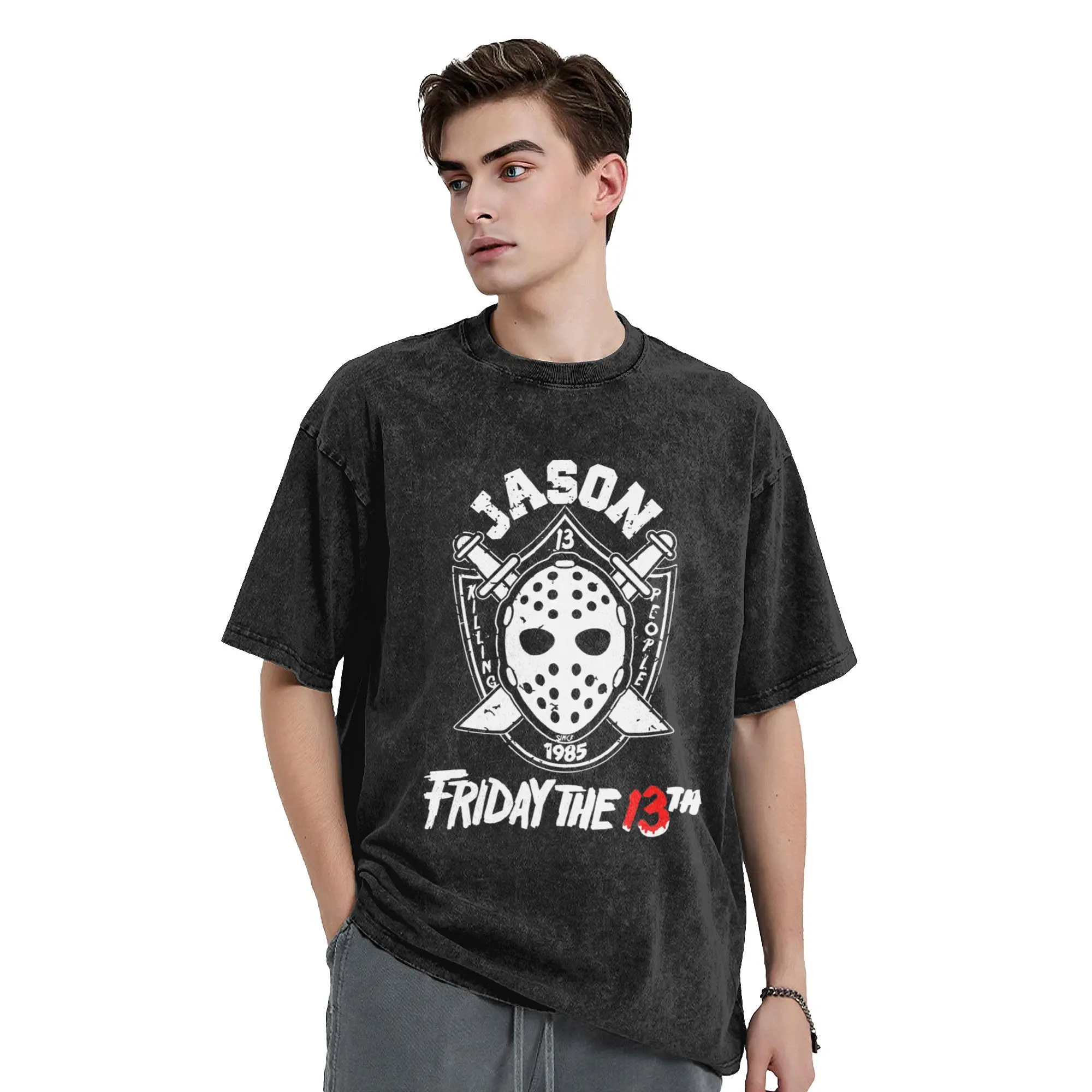 Jason Voorhees Vintage Washed T Shirts Men Women's Pure Cotton Novelty T-Shirts Friday 13th Tees Short Sleeve Clothes Summer