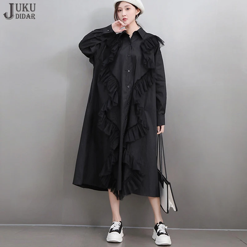 Long Sleeve Ruffles Decorated New Korean Style Woman Solid Black Shirt Dress Big Size Loose Fit Casual Large Dress Robe JJXD943