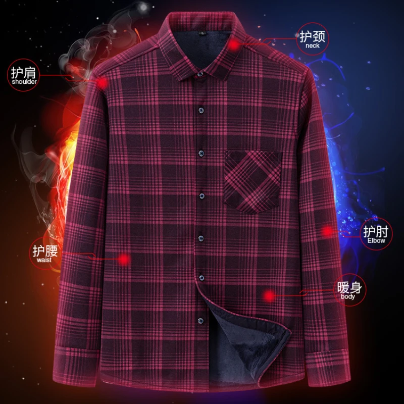 2023 new autumn and winter men\'s velvet thickened long-sleeved warm shirt oversized stretch plaid business casual no-iron shirt