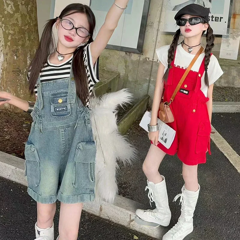 

Summer Casual Romper for Kids 10 12 13 Years 2025 Girls Denim Overalls Shorts Red Cute Fashion Outfit Straight Wide-Leg Jumpsuit