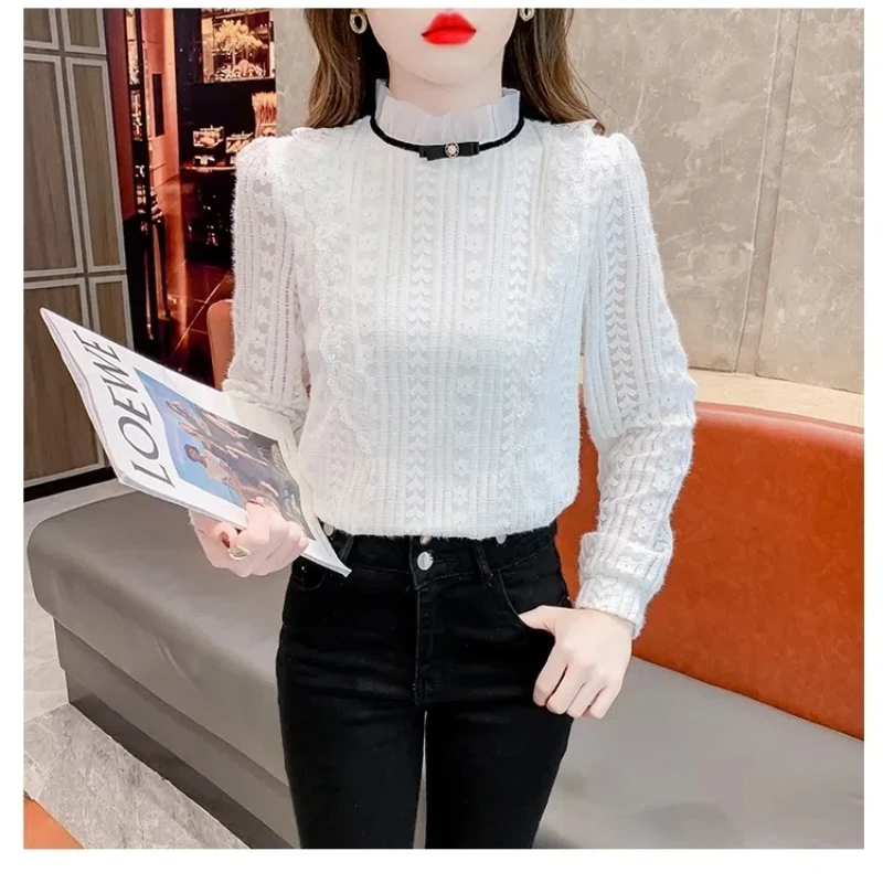 French Stand Collar Lace Women\'s Autumn Winter 2024 New Spliced Hollow Out Fashion Solid Color Slim Casual Long Sleeved Tops