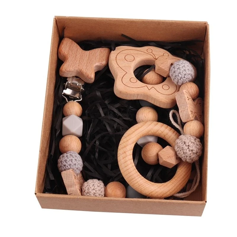 

J15U 2 Pcs Baby Wooden Teethers Baby Pacifier Chain Wooden Elephant Bracelets Teething Rings for Babies Boys Girls