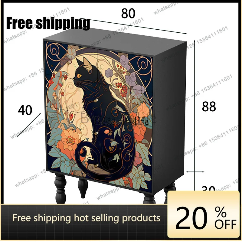 JJ -Retro creative cat print chest of drawers bedroom wall locker