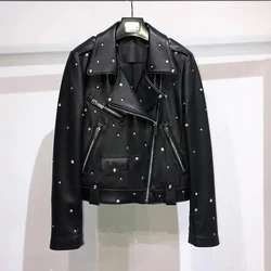 Top Quality sheepskin leather leather women's short style sheep skin high waist rhinestone leather jacket star coat trend