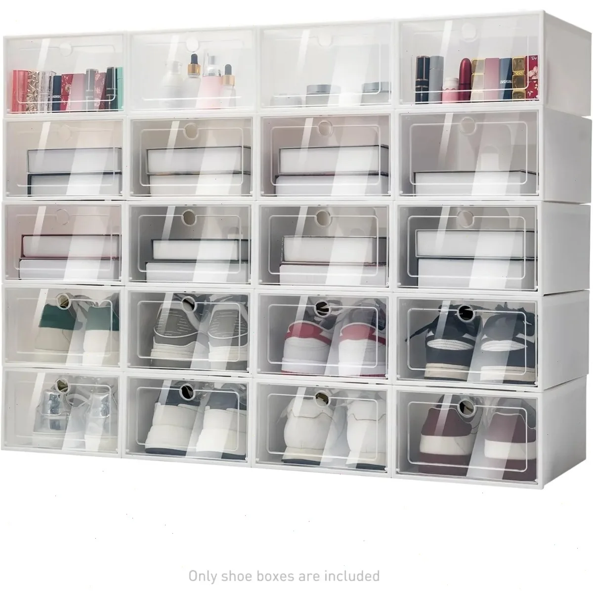 

20 Pack Foldable Shoes Storage Boxes, Plastic Stackable Shoes Organizer, Display Containers with Clear Lids for Women/Men