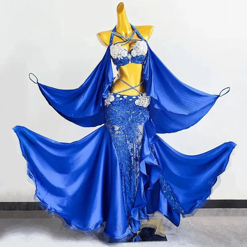 Conjunto de actuación de danza del vientre para mujer, sujetador personalizado con piedras AB para personas mayores + Falda larga de encaje satinado de alta gama, traje de danza Oriental de 2 uds.