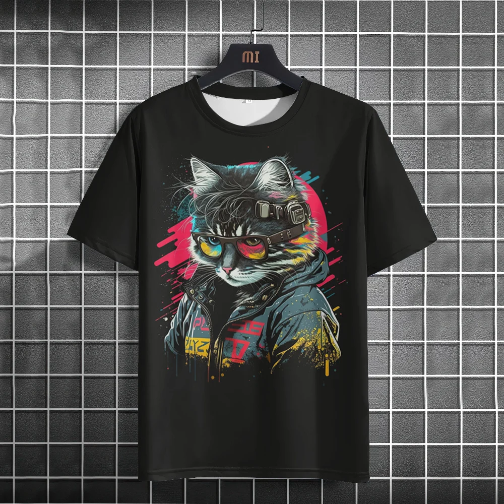 T-shirt à manches courtes imprimé chat animal 3D pour hommes, t-shirts décontractés, pull à la mode, été