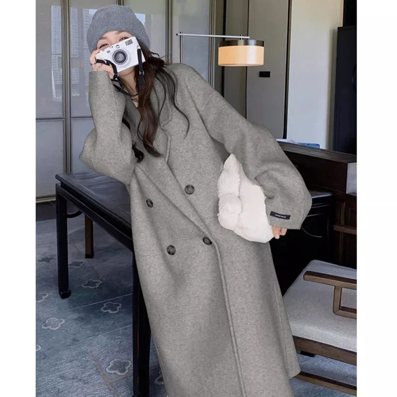 2024 Autumn Winter Women Sweet Elegant Purple Apricot Mid-Long Coat Jackets Lady Chic Ins Korean Style Daily Thermal Woolen Coat