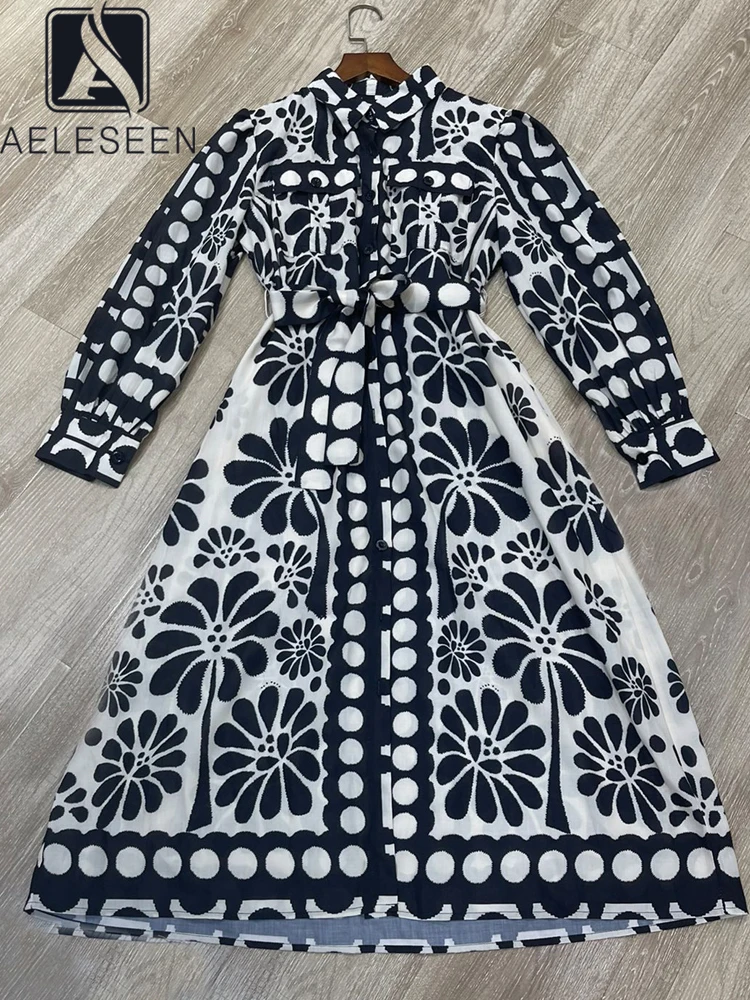 

AELESEEN Vintage Midi Shirt Dress 2024 Women Summer Turn-down Collar Black Dots Flower Print Belt Single-breasted Belt Retro