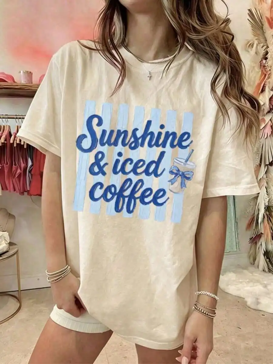 Women's Iced Coffee & Sunshine Orange Cup Print Spring Vibes Cozy Aesthetic Graphic Print T‑Shirt Crew Neck Short Sleeve Summer Casual Tee Top