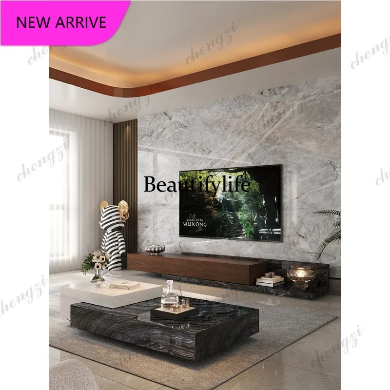 P3  Italian minimalist marble TV cabinet telescopic floor cabinet floor natural luxury stone TV cabinet