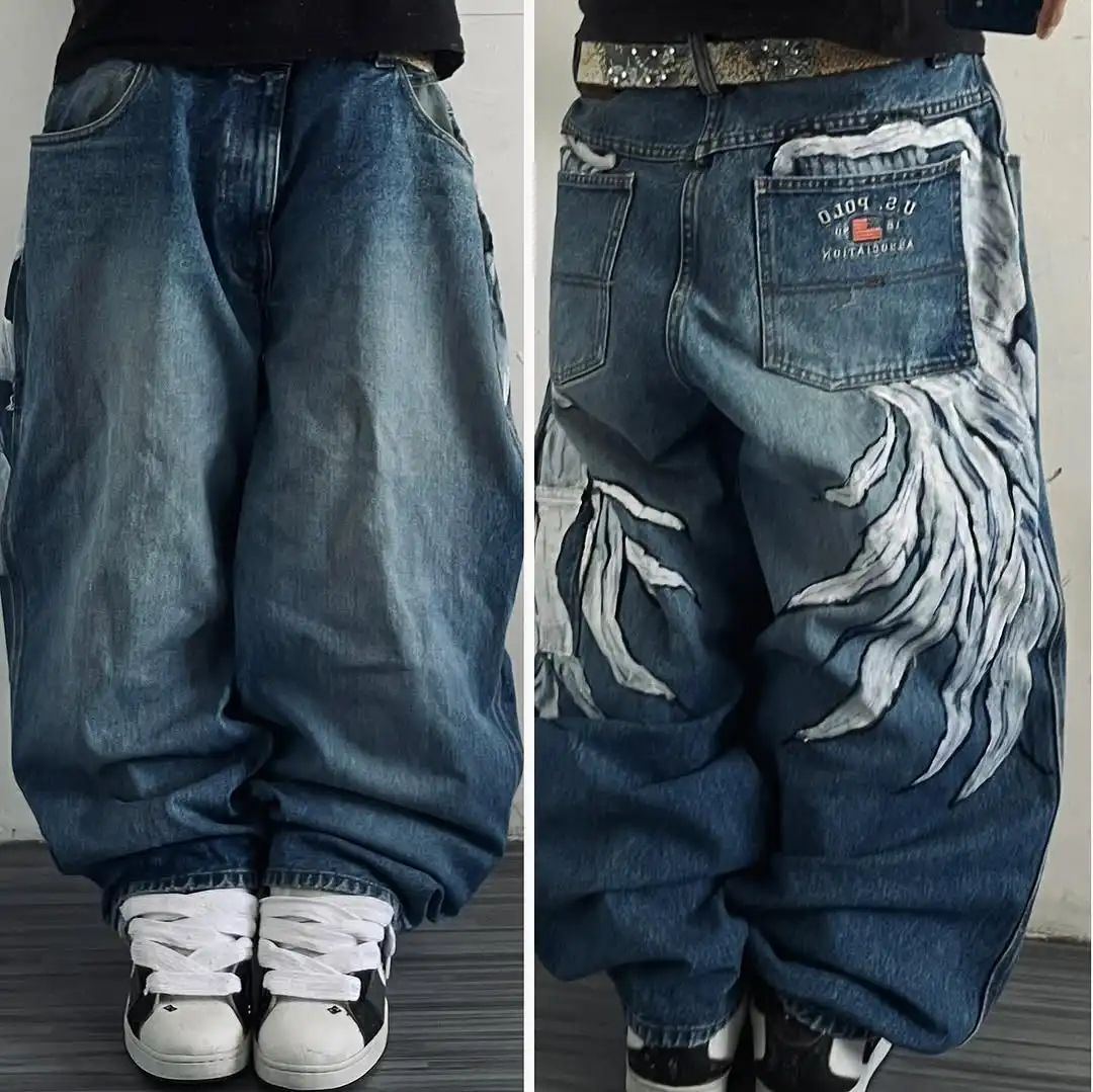 

American New Wing Pattern Jeans Y2K Vintage Washed Blue Jeans Men High Street Hip-Hop Gothic Trend Punk Oversized Wide-Leg Pants