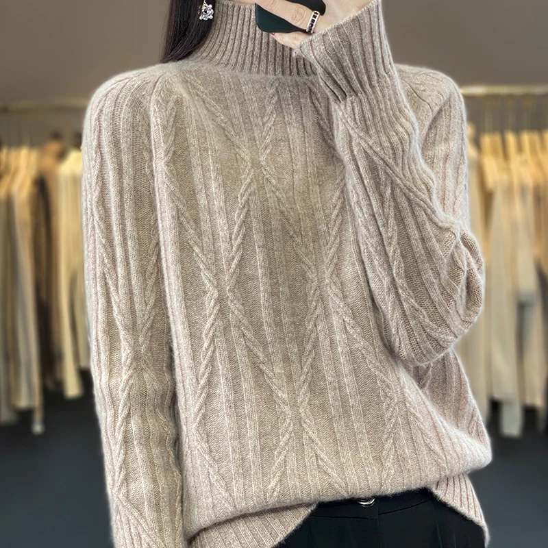 Autumn and winter new 100% pure wool cashmere sweater ladies' semi-turtle neck twist diamond thick warm fashion loose knit top