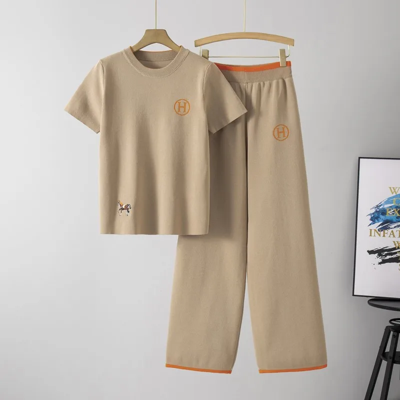 

2025 Summer Elastic Short Sleeve T-Shirt Set Wide Leg Pants Round Neck Letters Pattern Casual Fashion Commuter set