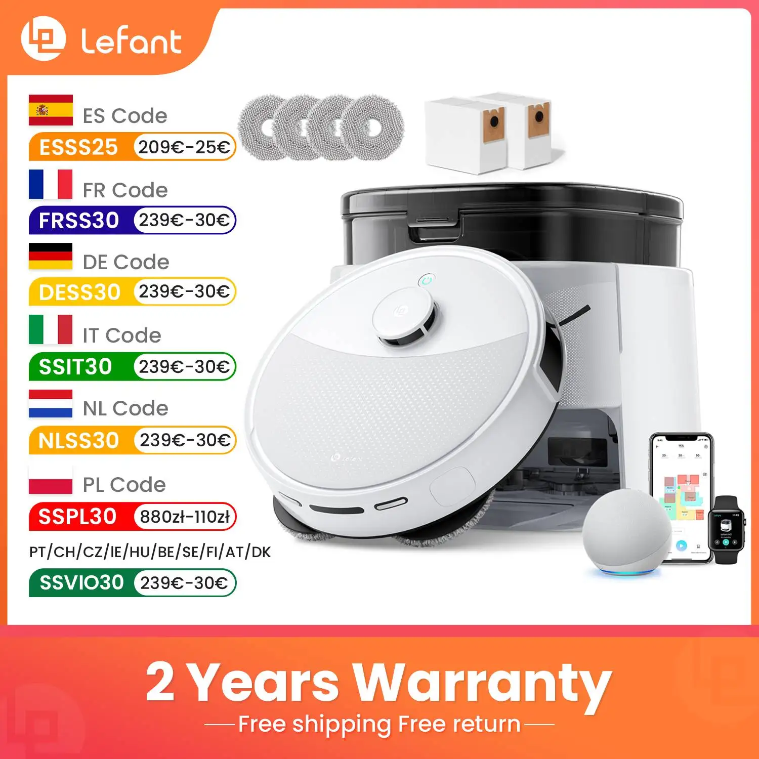 Aspirateur robot LEFANT M3L, station de base tout-en-un, puissance d'aspiration de 12 000 Pa, batterie d'une autonomie de 220 minutes, navigation DToF, double chiffon rotatif