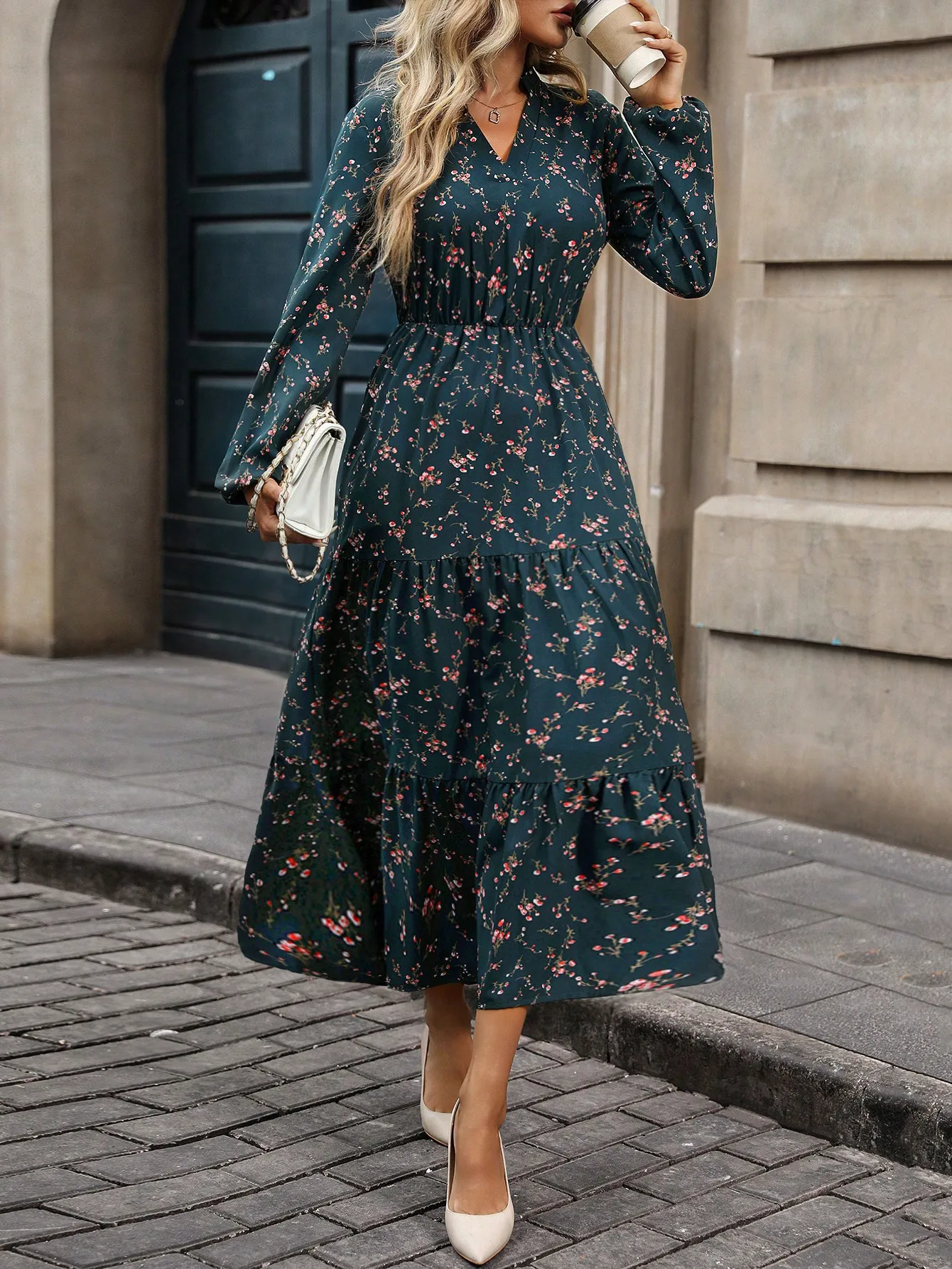 Vestido Maxi Floral de Manga Longa com Decote em V para Mulheres, Look Casual de Outono com Saia em Camadas