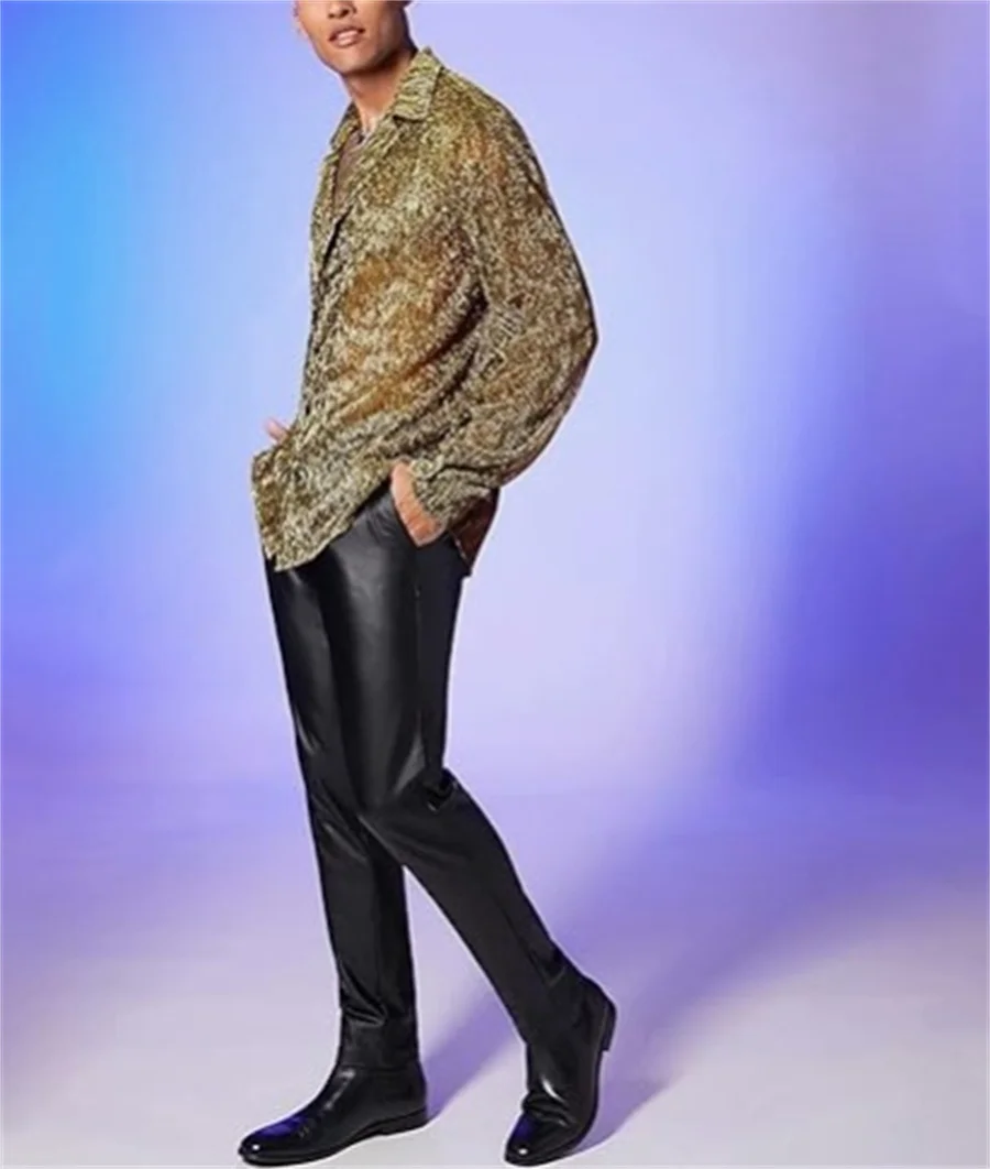 2026 New Men's Sexy Transparent Designer Shirt Long Sleeve Lapel Shiny See Through Stage Nightclub Costumes Men Trend Streetwear