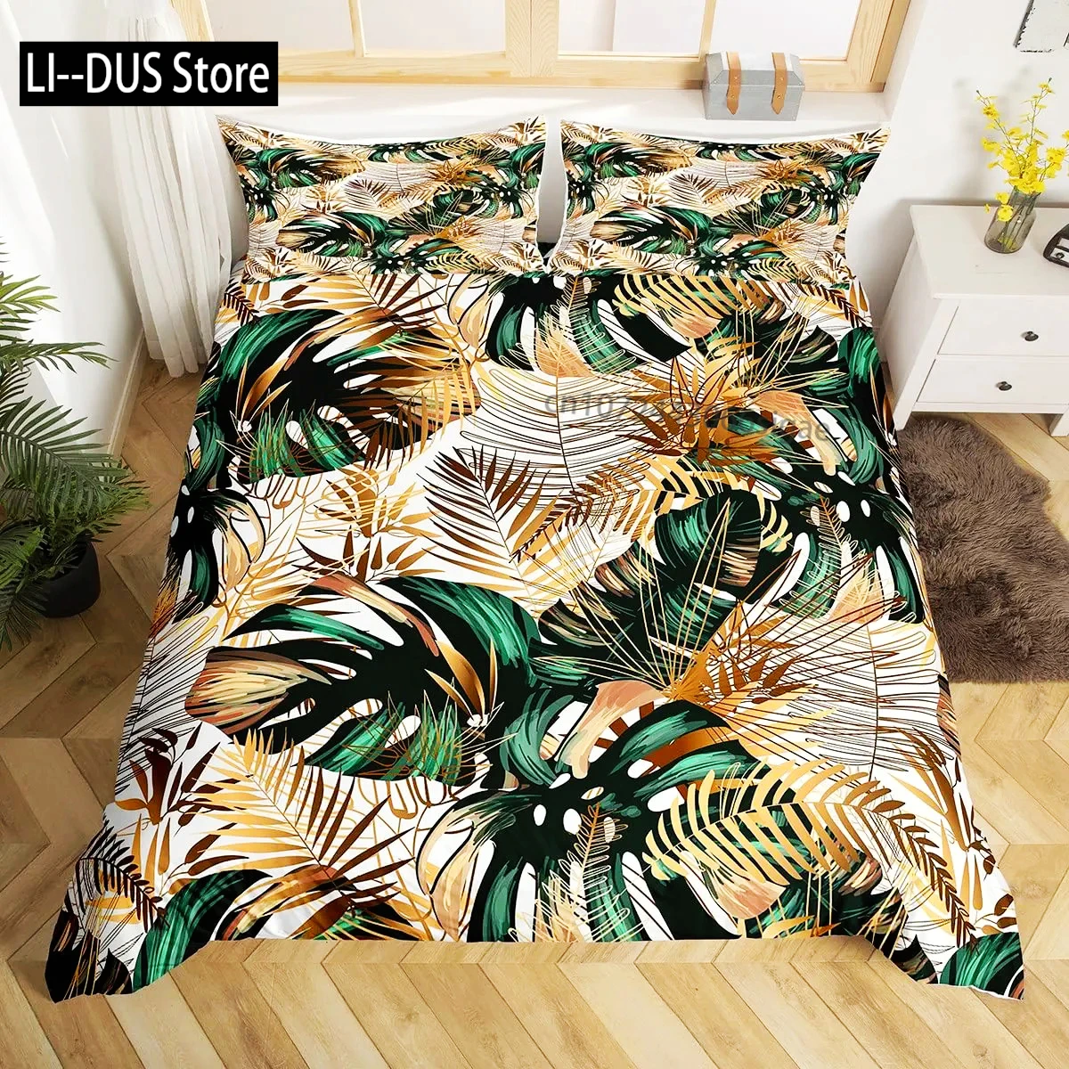 

Tropical Botanical Duvet Cover Gold Palm Tree Leaf Comforter Cover King Jungle Nature Theme Watercolor Plant Leaves Bedding Set