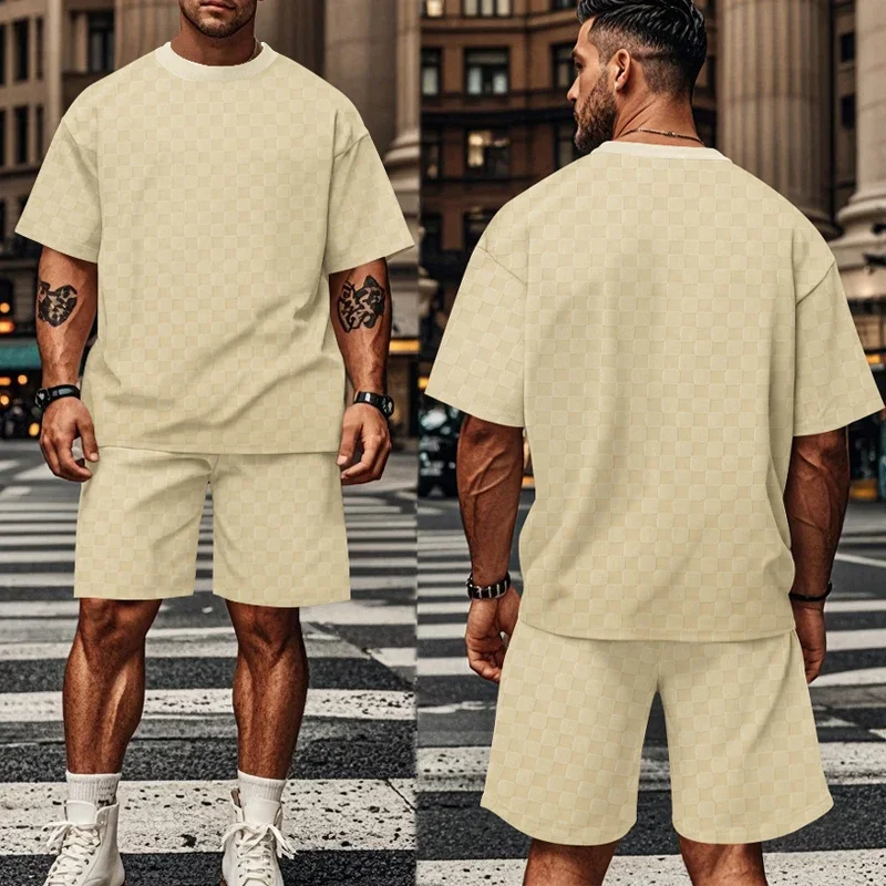 

European and American Oversized Fashion Brand Men's Summer New Chessboard Plaid Loose Sports and Leisure Two-Piece Set
