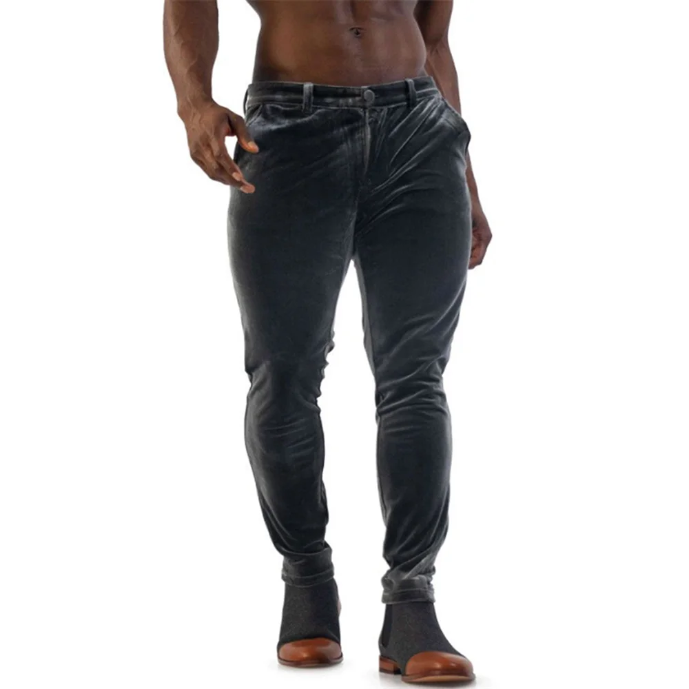 Mens Pants Gold Velvet Solid Color Fashion City Pants Autumn Casual Pocket Decoration Micro Elastic Pants Men\'s Clothing 2024