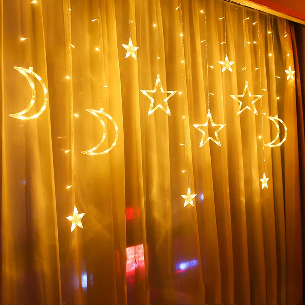 35M Warm White LED Star Moon Shape Lantern String Light Flashing Stars Creative Curtain Light for Home Bedroom Living Room with