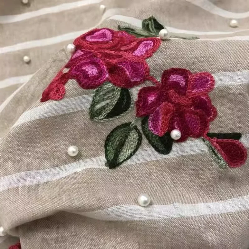 

Fabric wide100cmx150cm cotton linen material spring and summer beige background white round beads embroidered jacquard DIY dress